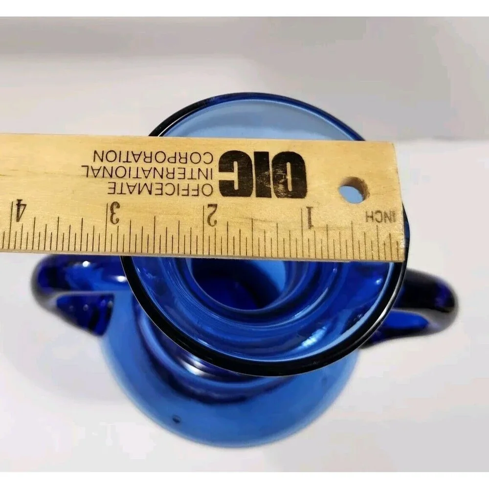 Vintage Cobalt Blue Hand Blown Vase Glass Applied Handles Made In Spain